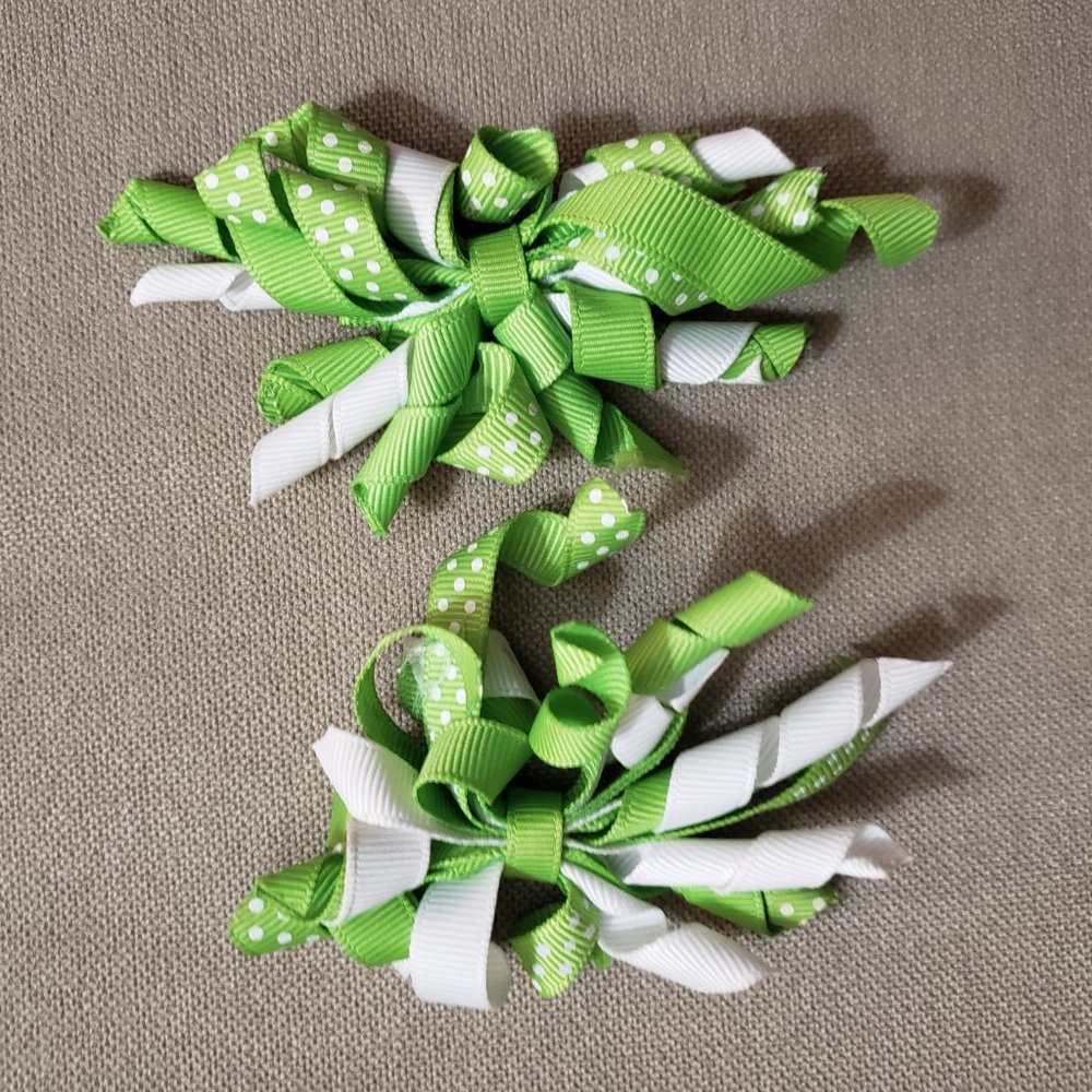 6/$15: Green and White Curly Ribbon Hair Clips